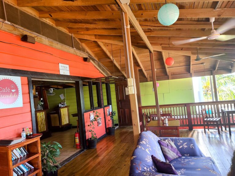 A cozy indoor café in Roatan, Honduras, features wooden beams, colorful paper lanterns, a bookshelf with books, and a seating area with a floral-patterned sofa and wooden tables.