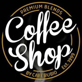 A circular logo for Coffee Shop by Cafe Rubio features the words "Premium Blends" at the top and "Est. 1999" at the bottom, with a black background and white and gold lettering, representing a coffee business in Roatan, Honduras.
