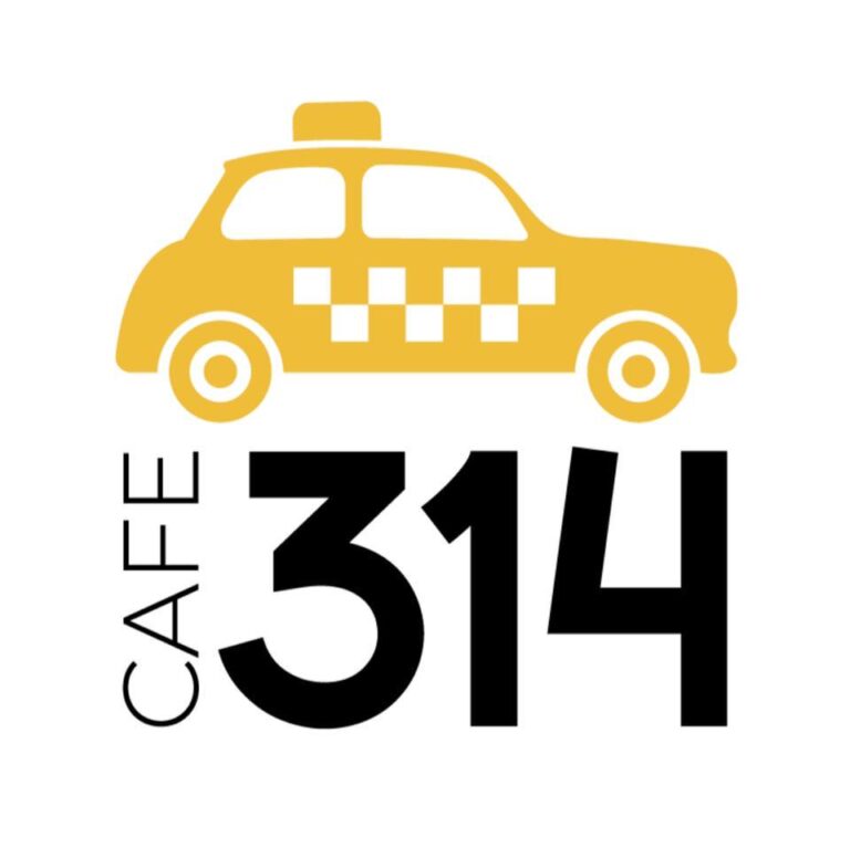 A yellow taxi cab graphic with a checkered pattern and a roof sign is displayed above the black text "CAFE 314" on a white background, representing a business listing in Roatan, Honduras.