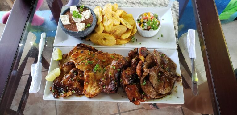 A plate of traditional Honduran dishes with grilled meats, potato chips, black bean dip with cheese and herbs, and a colorful vegetable salad served on Roatan.
