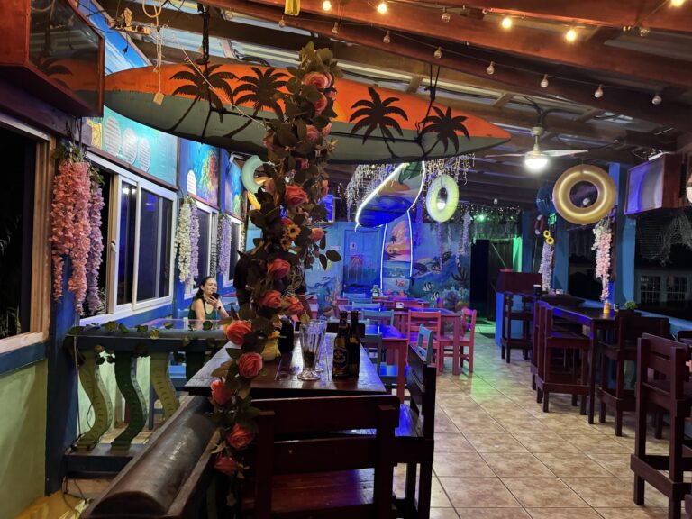 A woman sitting at a table inside a colorful, tropical-themed restaurant in Roatan, Honduras, surrounded by vibrant decor, string lights, and murals depicting palm trees and marine life.