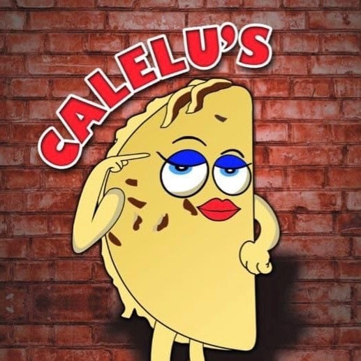 A cartoon character resembling a slice of quesadilla with human features, red lips, blue eyes, and a questioning expression, standing against a brick wall with a sign reading "Calelu's" above it in Roatan, Honduras.