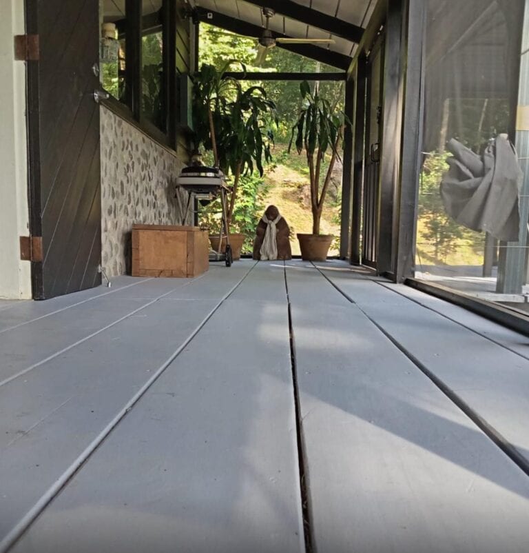View from a covered porch overlooking lush greenery and potted plants on the verandah in Roatan, Honduras.