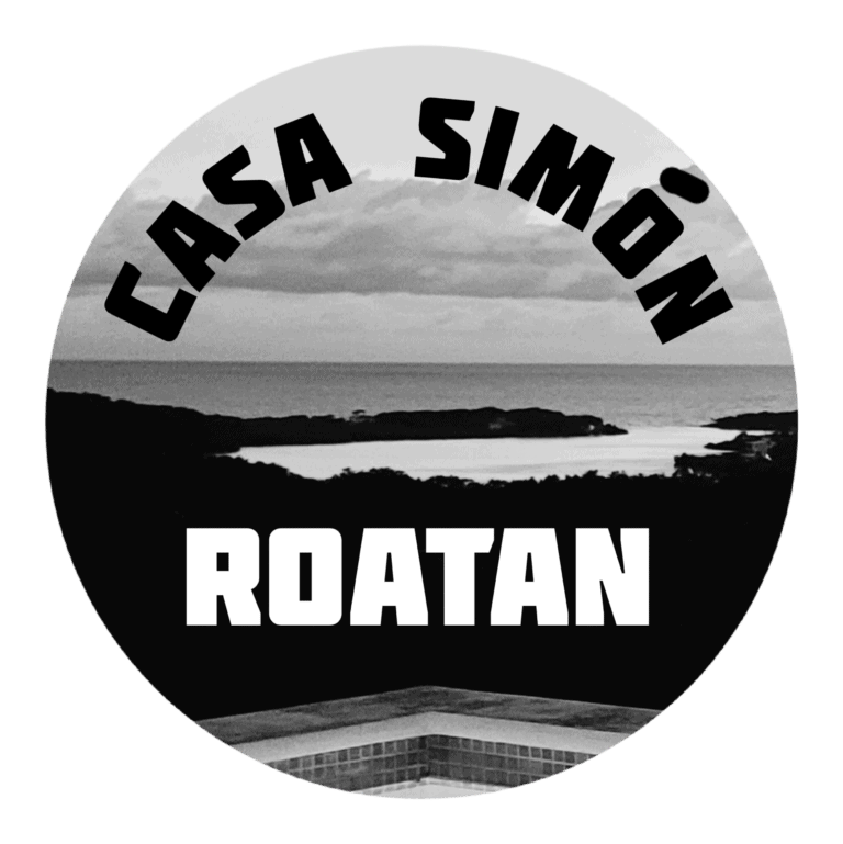 A black-and-white circular sign with the words "EACH SINK" and "ROATAN" displayed above a brick ledge, set against a background of a cloudy sky and ocean shoreline in Roatan, Honduras.