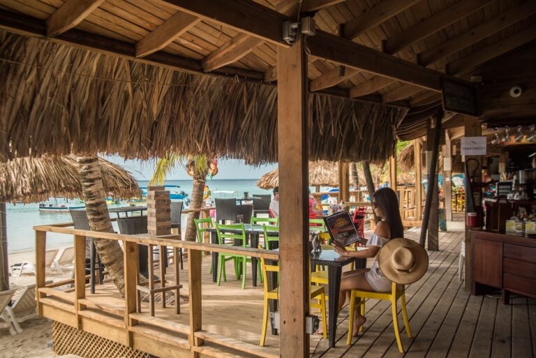 A woman with a large sun hat sits at a colorful outdoor bar on a wooden deck overlooking the beach in Roatan, Honduras, with thatched roof shading and boats visible in the bay.