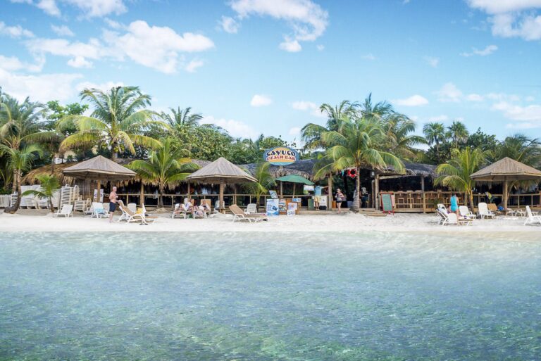 A beachside bar and restaurant in Roatan, Honduras, with thatched-roof huts, palm trees, lounge chairs, and people enjoying the seaside atmosphere under a bright blue sky.