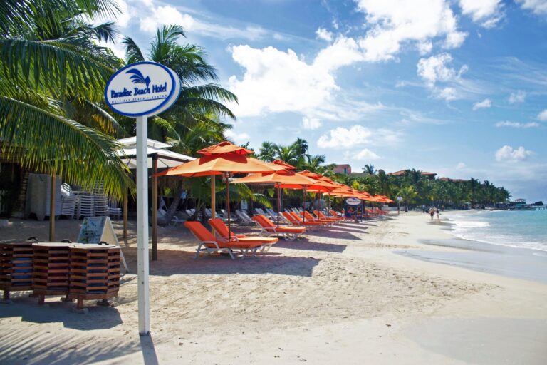 A scenic view of Roatan's West Bay Beach in Honduras features orange lounge chairs and umbrellas set up on white sand, with tropical palm trees and a clear blue sky above.