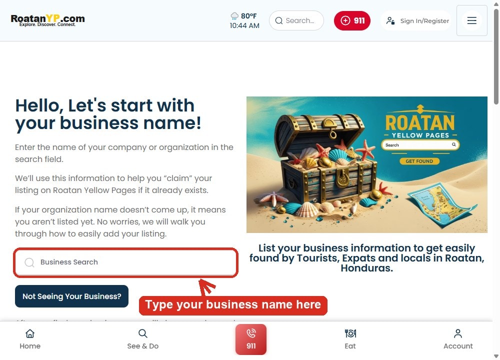 The claim page with an arrow pointing to the Business Search box.
