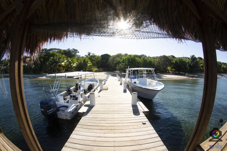 A wooden dock with boats moored, viewed from a thatched-roof hut over calm water surrounded by lush green trees on the coast of Roatan, Honduras.