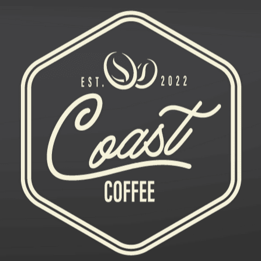 A sleek, modern logo for Coast Coffee established in 2022, featuring coffee beans and stylized text, displayed on a dark background.