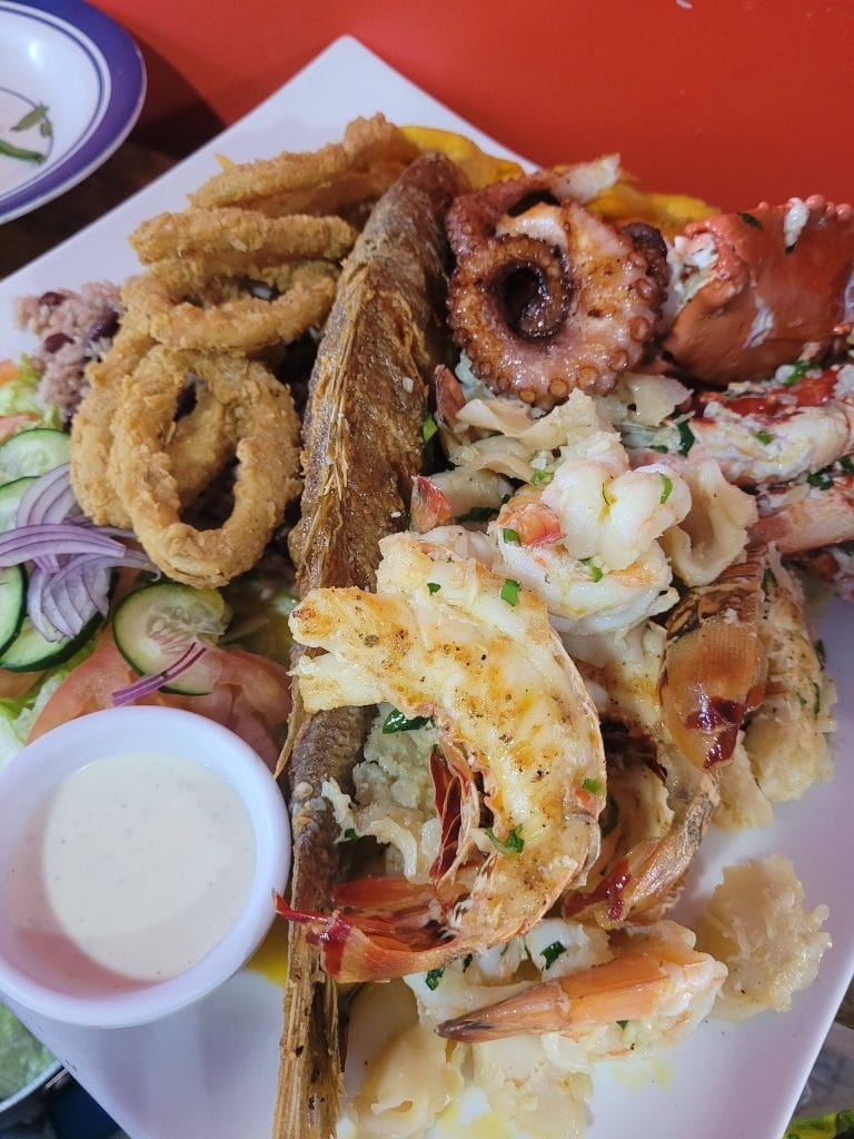 A plate of seafood including fried fish, grilled octopus, lobster tail, shrimp, and mashed potatoes with a side of salad and dipping sauce, served at a restaurant in Roatan, Honduras.