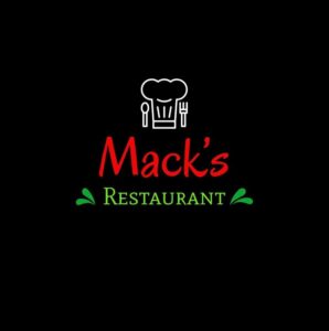 The image displays a black background with a white chef's hat, spoon, and fork icon above the text "Mack's Restaurant," which is written in red and green lettering, representing a restaurant located in Roatan, Honduras.