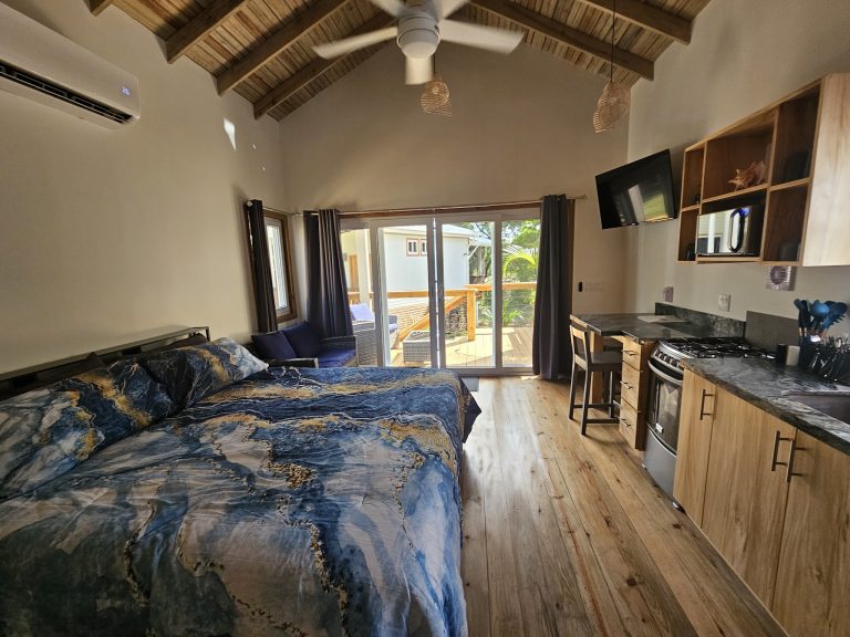 A cozy, modern kitchen and living area with a sliding glass door leading to a wooden deck surrounded by tropical plants in a Roatan, Honduras home.