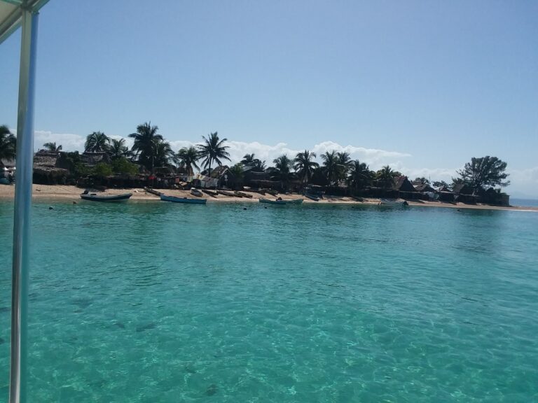 A beachfront scene in Roatan, Honduras, showing turquoise water, several small boats docked along the sandy shore, and a row of palm trees with thatched-roof huts in the background under a clear blue sky.
