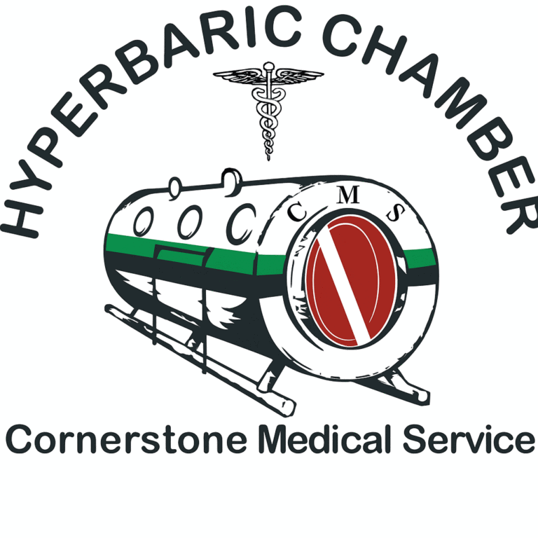 The image shows a logo for Hyperbaric Chamber Cornerstone Medical Service featuring a medical oxygen chamber with a red dial, a caduceus symbol above, and text indicating its location on Roatan, Honduras.
