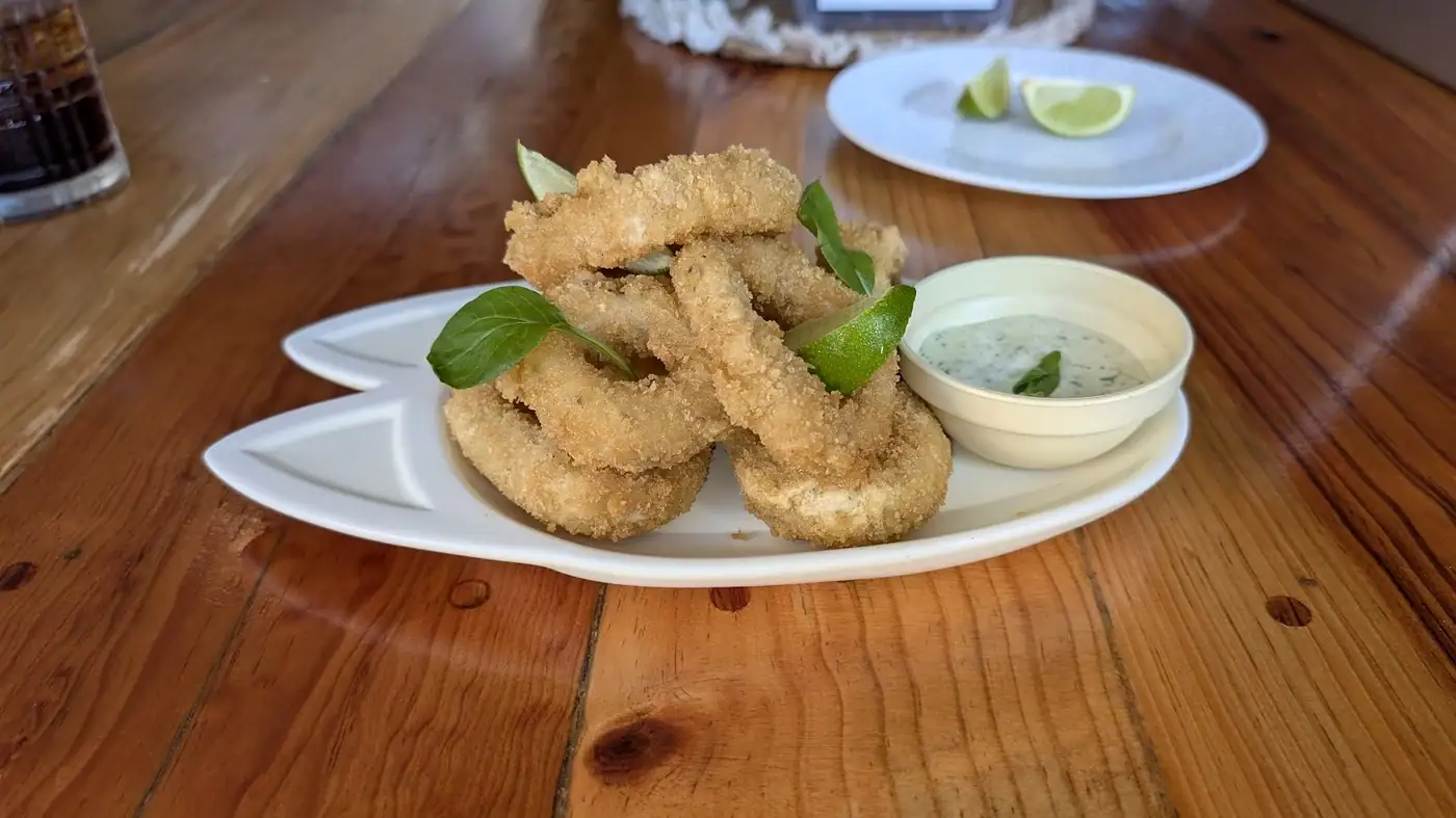 Thick-cut calamari rings with herb tartar sauce at Green Cilantro