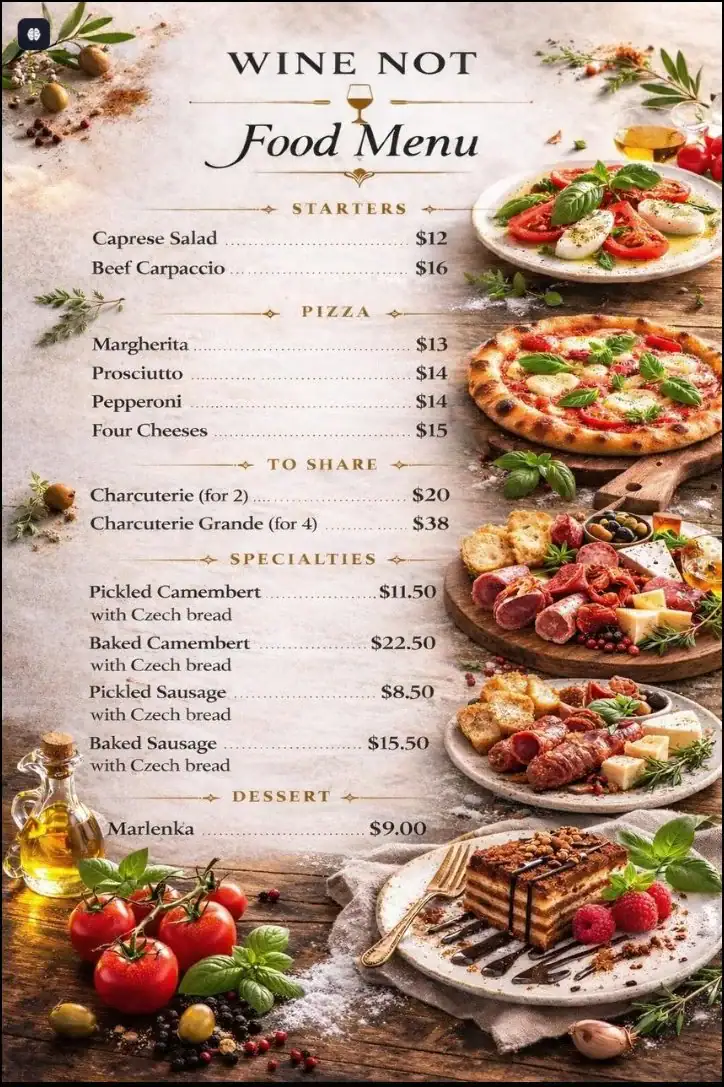 Wine Not food menu featuring pizza, charcuterie, Czech specialties, and desserts