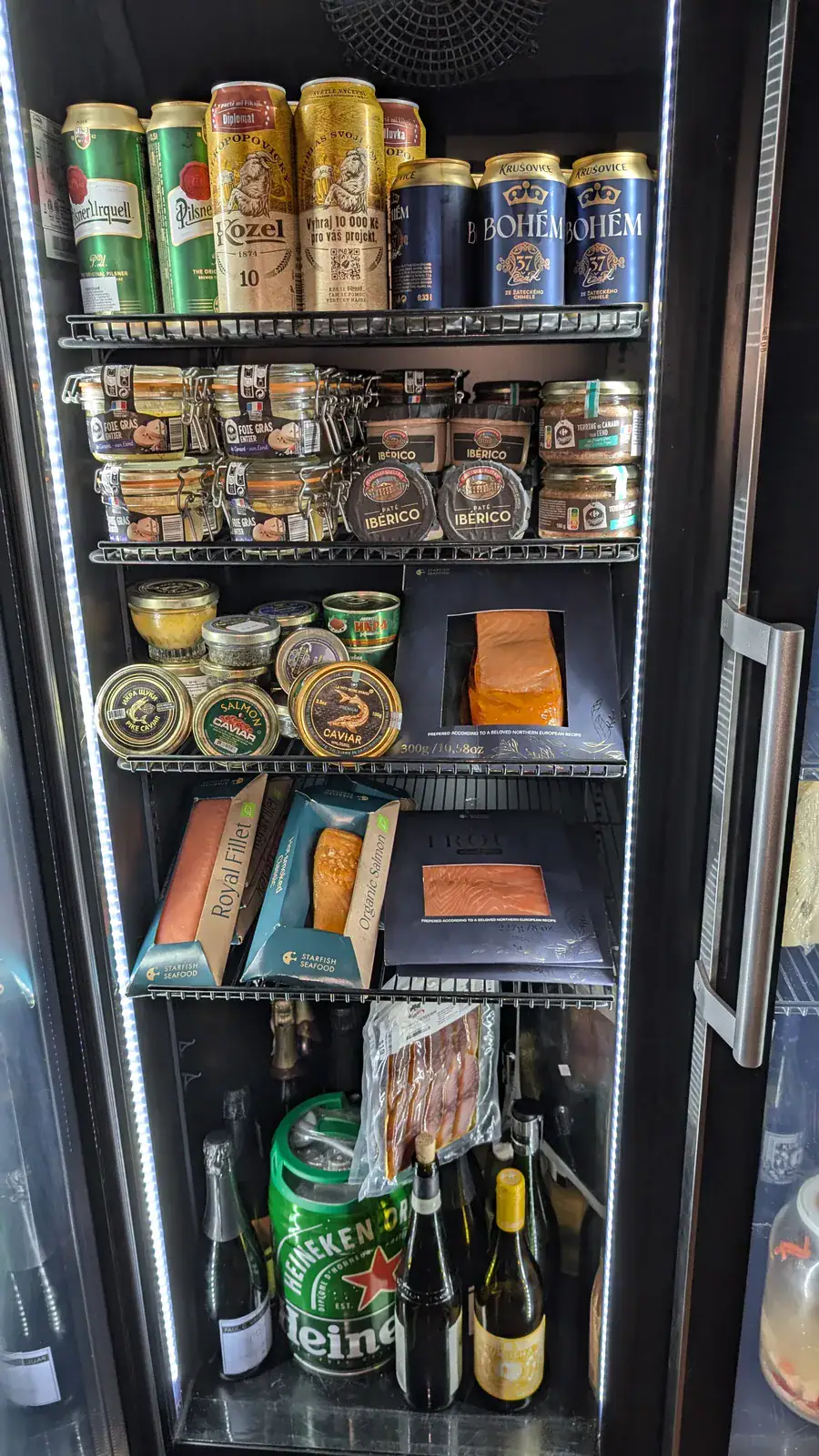 Wine Not gourmet cooler with Czech beers, foie gras, caviar, and smoked salmon