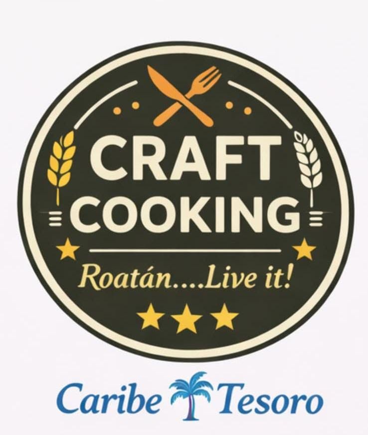 A round logo for craft cooking on Roatan, Bay Islands, Honduras, featuring a fork and knife crossed at the top, surrounded by wheat and stars, with the slogan Roatán....Live it! in the center.