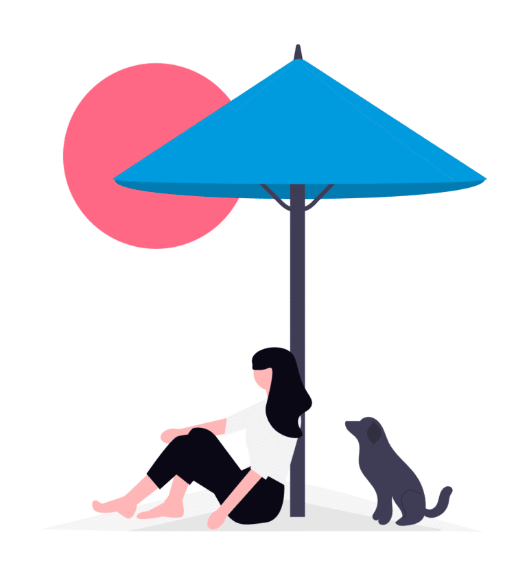A woman with long dark hair sits relaxing under a blue beach umbrella on the sand in Roatan, Honduras, with a black dog sitting nearby.