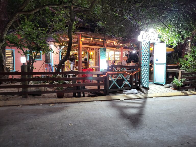A lively open-air restaurant in Roatan, Honduras, features a wooden patio with string lights, surrounded by lush trees and colorful decorative elements.