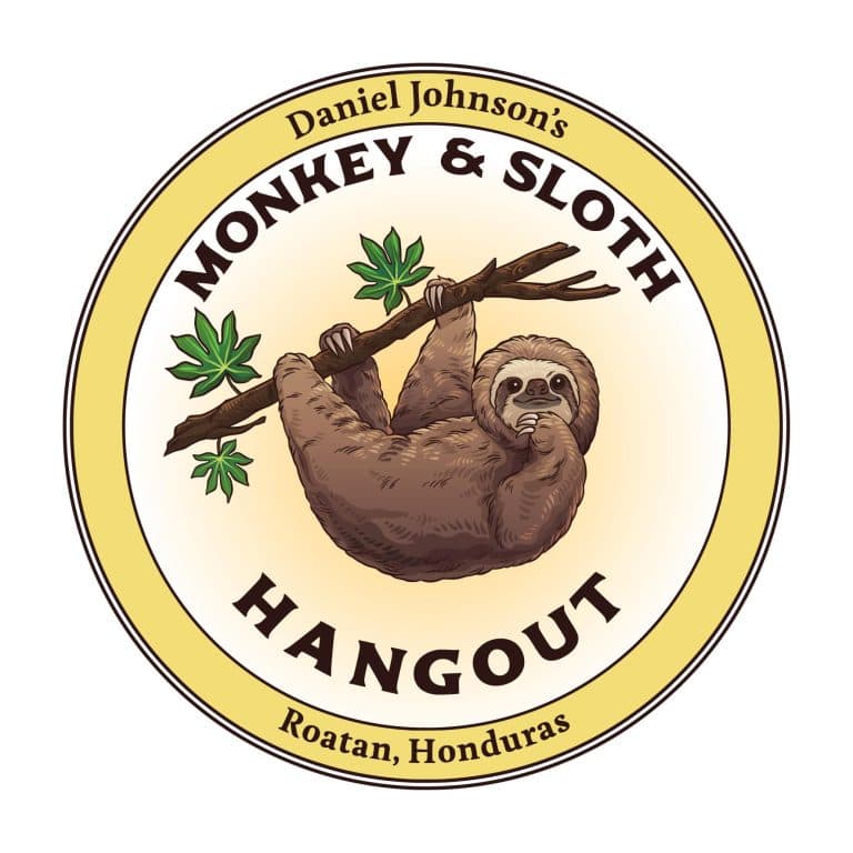 A circular logo for Daniel Johnson's Honey & Slofth on Roatan, Honduras, featuring a sloth hanging from a branch surrounded by green leaves and text indicating its location and specialty.