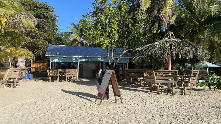 A beachside restaurant in Roatan, Honduras, features wooden tables and chairs under palm and thatch umbrellas with lush green tropical foliage and a bright blue sky in the background.
