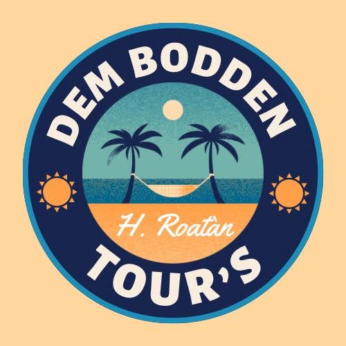 Logo of Dem Boddem Tour's featuring two palm trees with a hammock between them, a full moon over the ocean, and the text 'H. Roatan' on a warm coastal background in Honduras.