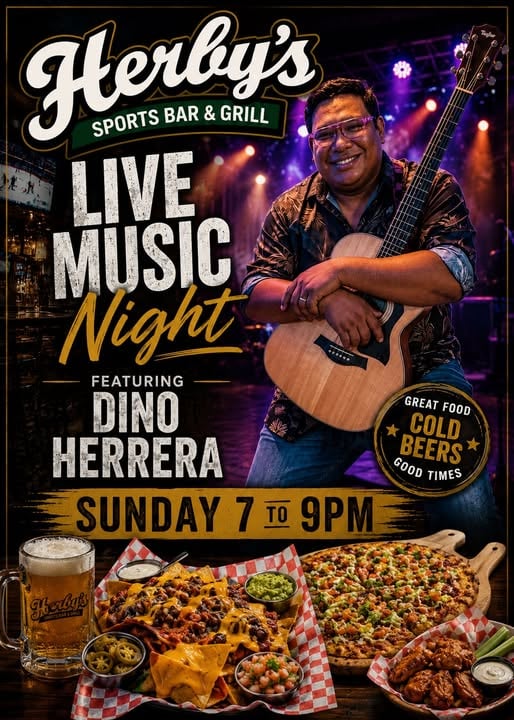 Promotional poster for Herby's Sports Bar & Grill in Roatan featuring live music by Dino Herrera, with images of pizza, nachos, chicken wings, a beer mug, and a guitar, set against a vibrant stage background in Roatan, Honduras.