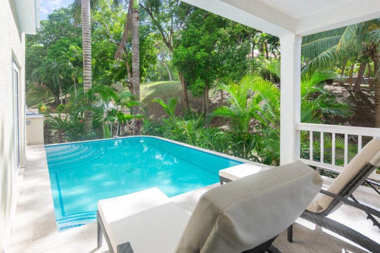 A backyard swimming pool on Roatan, Honduras, surrounded by lush green tropical trees and plants, with a covered patio area featuring lounge chairs.