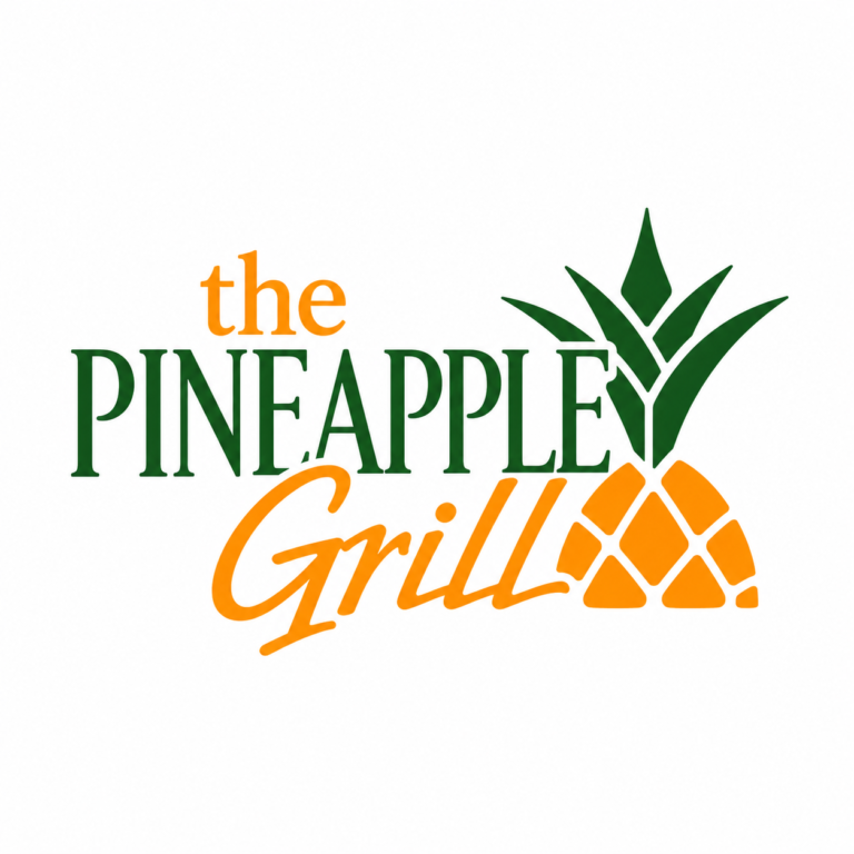 The logo of the Pineapple Grill features a stylized orange pineapple with green leaves, representing a popular dining destination in Roatan, Honduras.