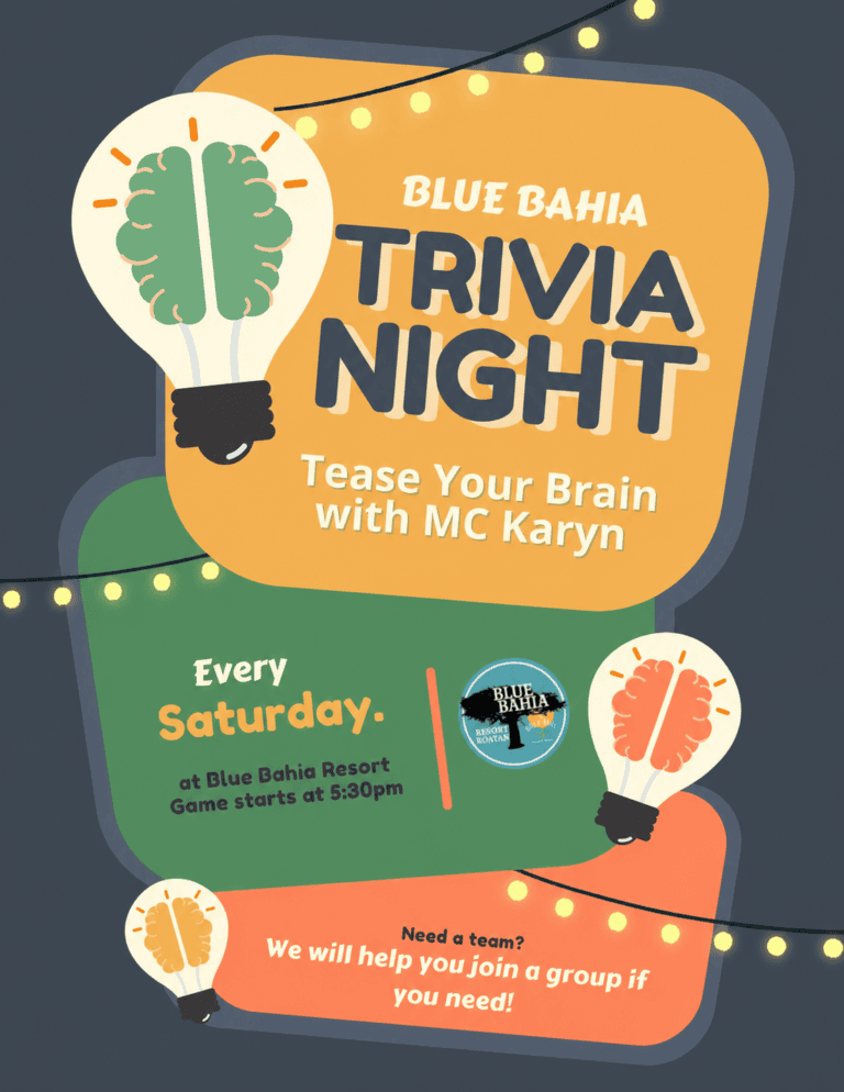 Bright and colorful digital poster advertising Blue Bahia's Trivia Night in Roatan, Honduras, featuring playful lightbulb graphics with brain illustrations and event details.