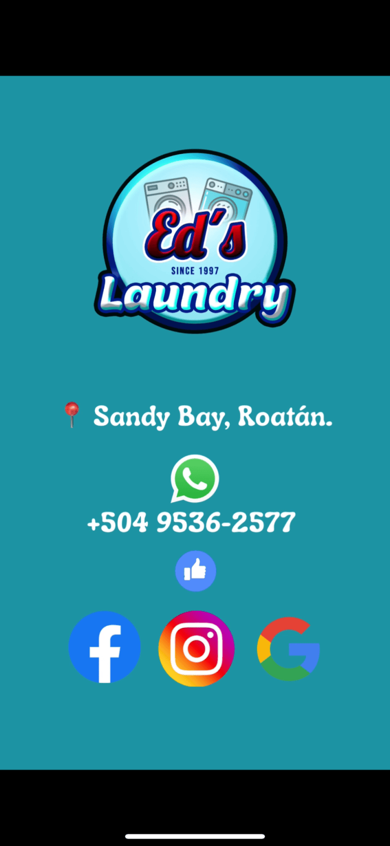 A digital business card for Ed's Laundry located in Sandy Bay, Roatan, Honduras, featuring the logo with washing machines, contact information including a WhatsApp icon, and social media icons for Facebook, Instagram, and Google.