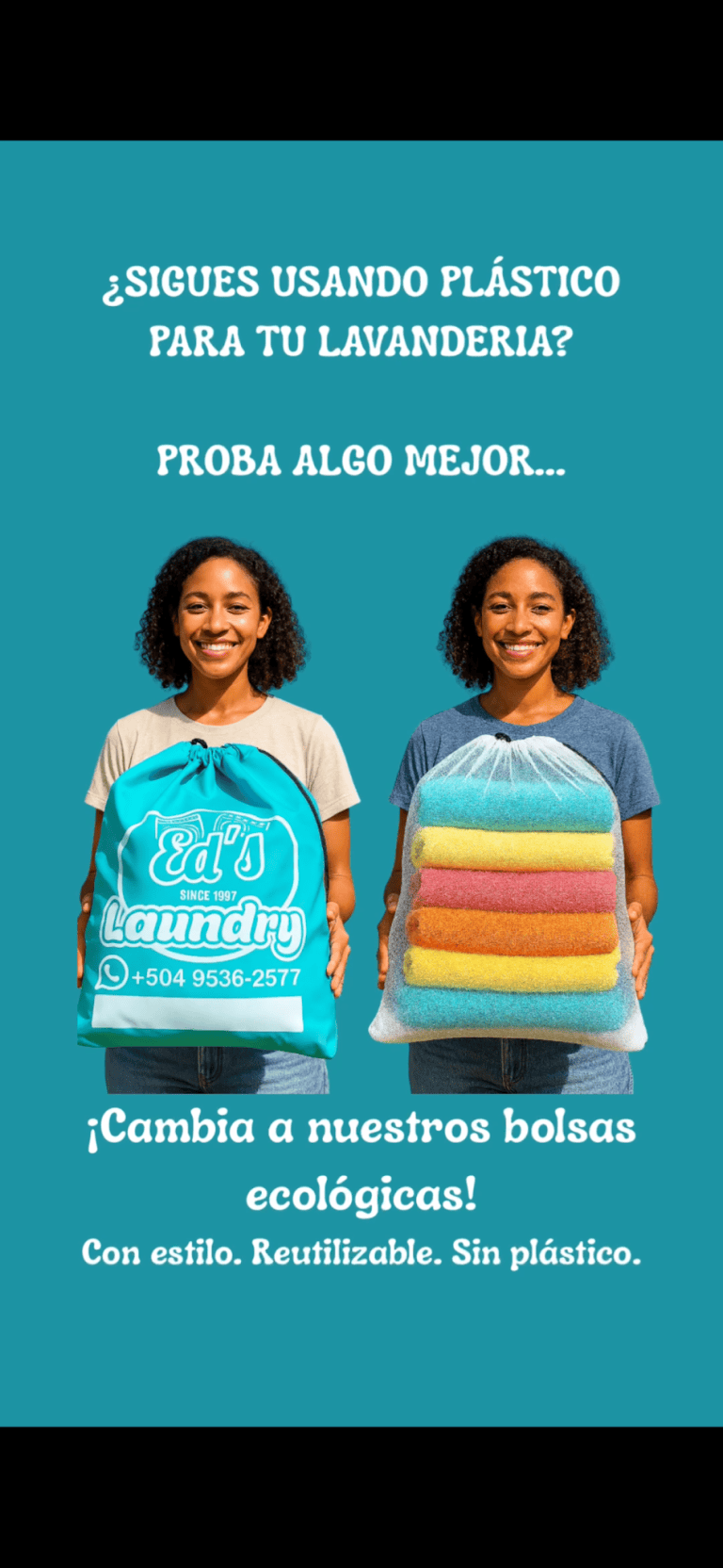A woman in Roatan, Honduras, promotes eco-friendly laundry bags made from reused plastic, holding a turquoise bag with the laundry business name and a stack of colorful towels, on a teal background with bilingual Spanish and English text encouraging switching to sustainable, plastic-free bags.
