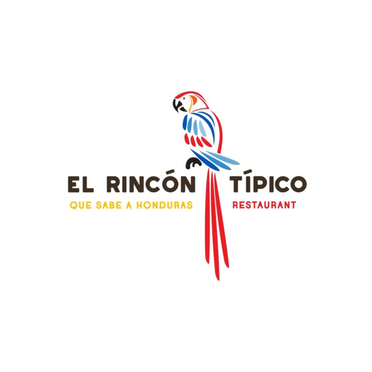 A colorful logo featuring a stylized parrot with red, blue, black, and white feathers, accompanied by the text "El Rincón Típico" and the tagline "Que Sabe a Honduras R E S T A U R A N T" on a white background, representing a business in Roatan, Honduras.