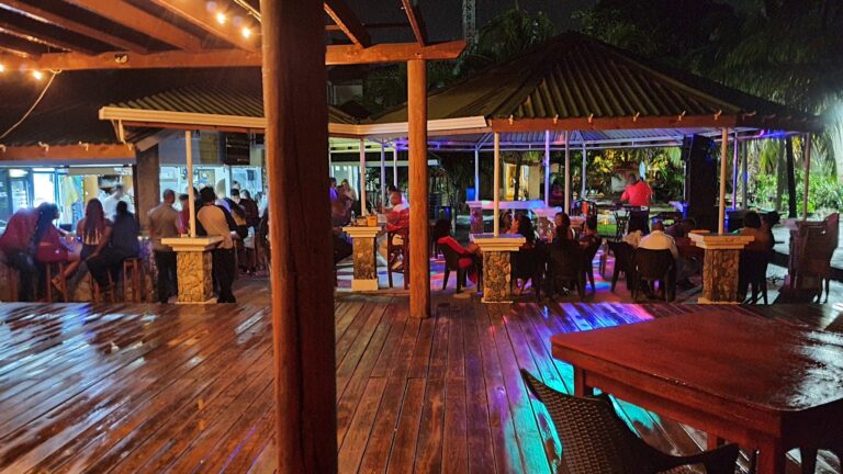 People gather at an open-air bar or restaurant with wooden flooring and a thatched roof in Roatan, Honduras, illuminated by colorful LED lights during the night.