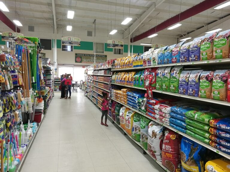 Inside a Roatan Sun Supermarket in Honduras, the image shows aisles stocked with pet food, household supplies, and colorful packaging, with shoppers browsing and a "Thank You for Shopping" sign hanging from the ceiling.