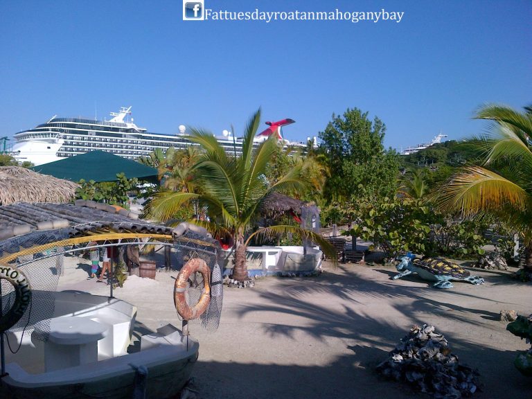 A view of a sandy area in Roatan, Honduras, featuring boats, palm trees, and thatched huts, with a large cruise ship docked in the background under a clear blue sky.