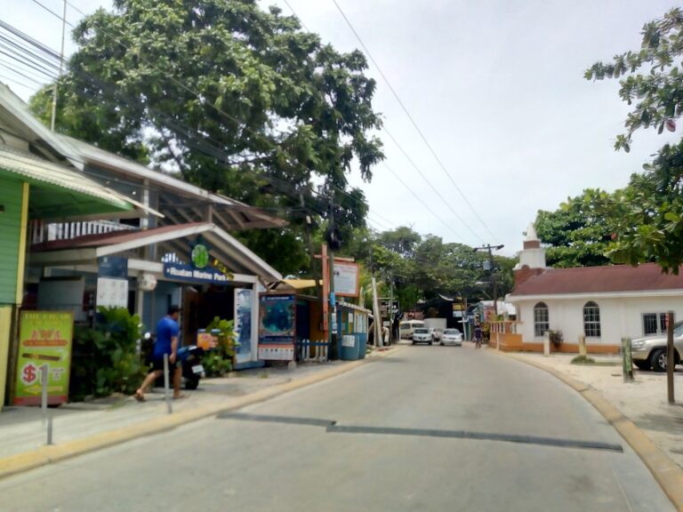 A street scene in Roatan, Honduras, showing a small outdoor market with colorful signs and shops, surrounded by lush green trees and parked cars along the quiet road.