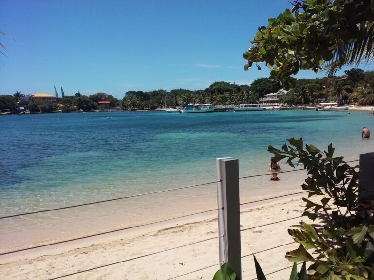 A sandy beach with clear turquoise water, boats anchored offshore, and lush green trees along the shoreline in Roatan, Honduras, visible under a bright blue sky.