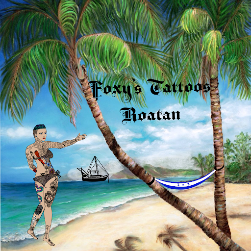 Illustrated tropical beach scene in Roatan, Honduras, featuring palm trees, a hammock, a sailboat, and a tattooed woman beside the words Foxy Tattoos Roatan.
