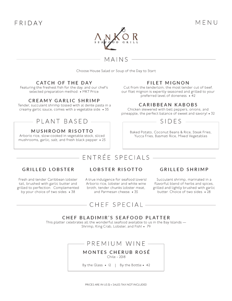 A menu from Ankór Seafood Grill featuring various sections of dishes including fish, shrimp, lobster, and sushi, with a minimalist design on a white background.