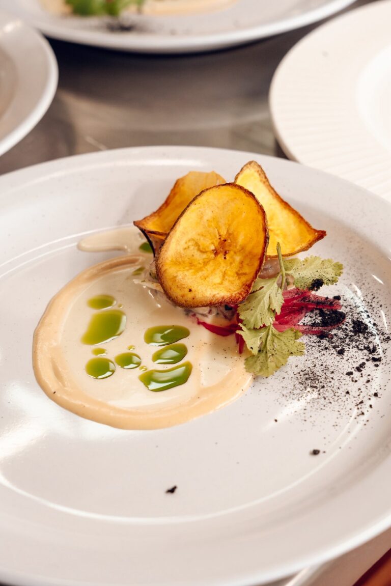 Seafood ceviche with sliced plantains, cilantro, and drizzled green sauce served on a white plate at a restaurant in Roatan, Honduras.