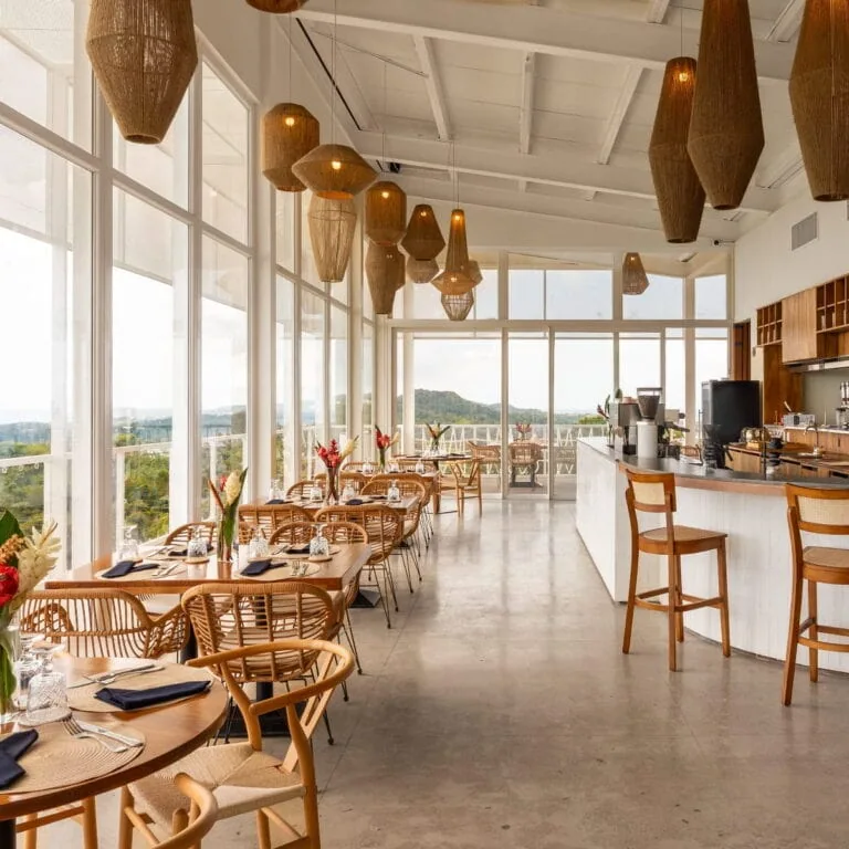 Bright, modern coffee shop with large windows, hanging pendant lights, and a cozy ambiance.