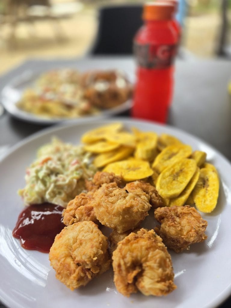 A plate of crispy fried chicken bites, tortilla chips, coleslaw, and barbecue sauce is shown on a table at a restaurant in Roatan, Honduras.