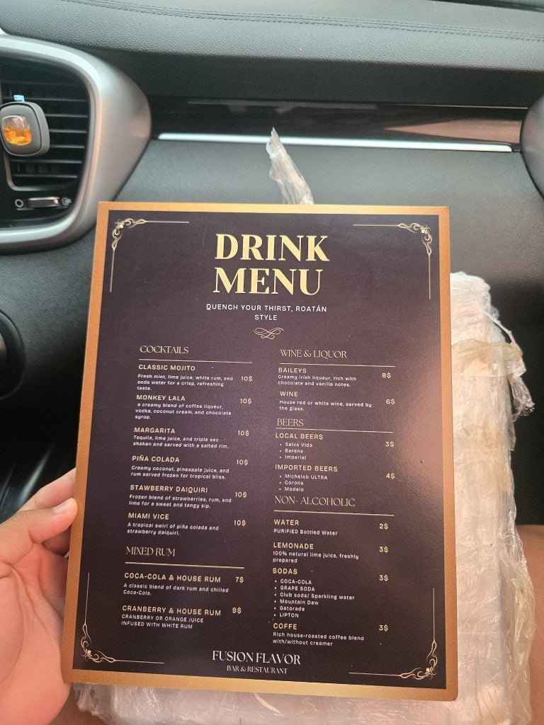 A person holds a drink menu from Fusion Flavor Bar & Restaurant in Roatan, Honduras, with a car's dashboard and air vent visible in the background.