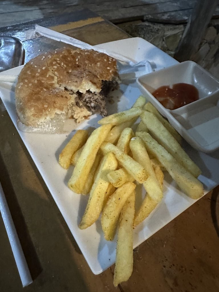 A plate of crispy French fries, a partially eaten meat pie topped with sesame seeds, and a small dish of ketchup are shown on a white tray in a rustic dining setting in Roatan, Honduras.
