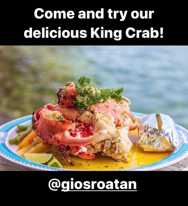 A plate of cooked king crab garnished with parsley, lime wedges, and served with vegetables, set outdoors near a body of water on Roatan in Honduras.