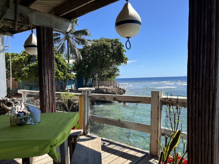 A beachside restaurant in Roatan, Honduras features a shaded wooden deck with hanging buoys, overlooking the ocean with palm trees and a clear blue sky in the background.