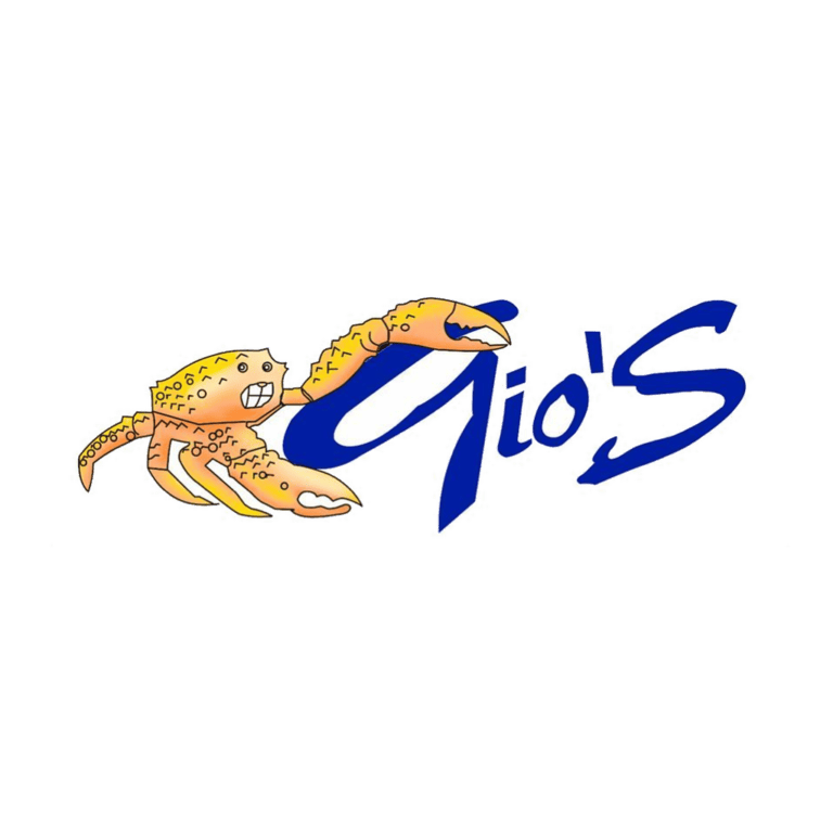 The image features a colorful logo of Gio's, a business in Roatan, Honduras, with a cartoon crab holding a large blue and white surfboard and the business name written in stylized blue text.